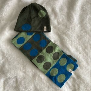 Smartwool Beanie Hat & Scarf Set Merino Wool Green Blue Polkadot READ